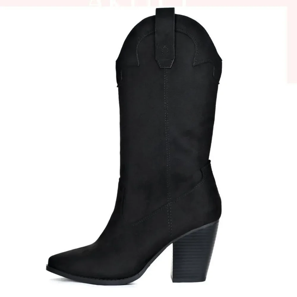 Black Cowboy Western Faux Suede Boot